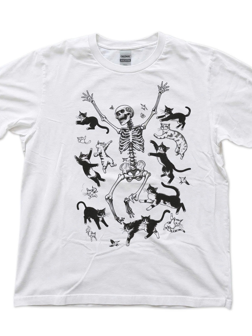 Gildan White Tee with Black Cat and Skeleton Graphic Halloween Costume